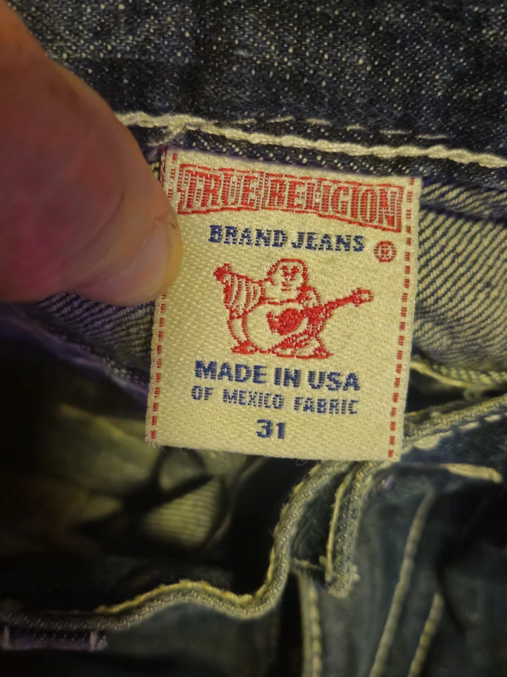 True Religion Mens Billy Dark Blue Bootcut Jeans with Signature Pocket Stitching